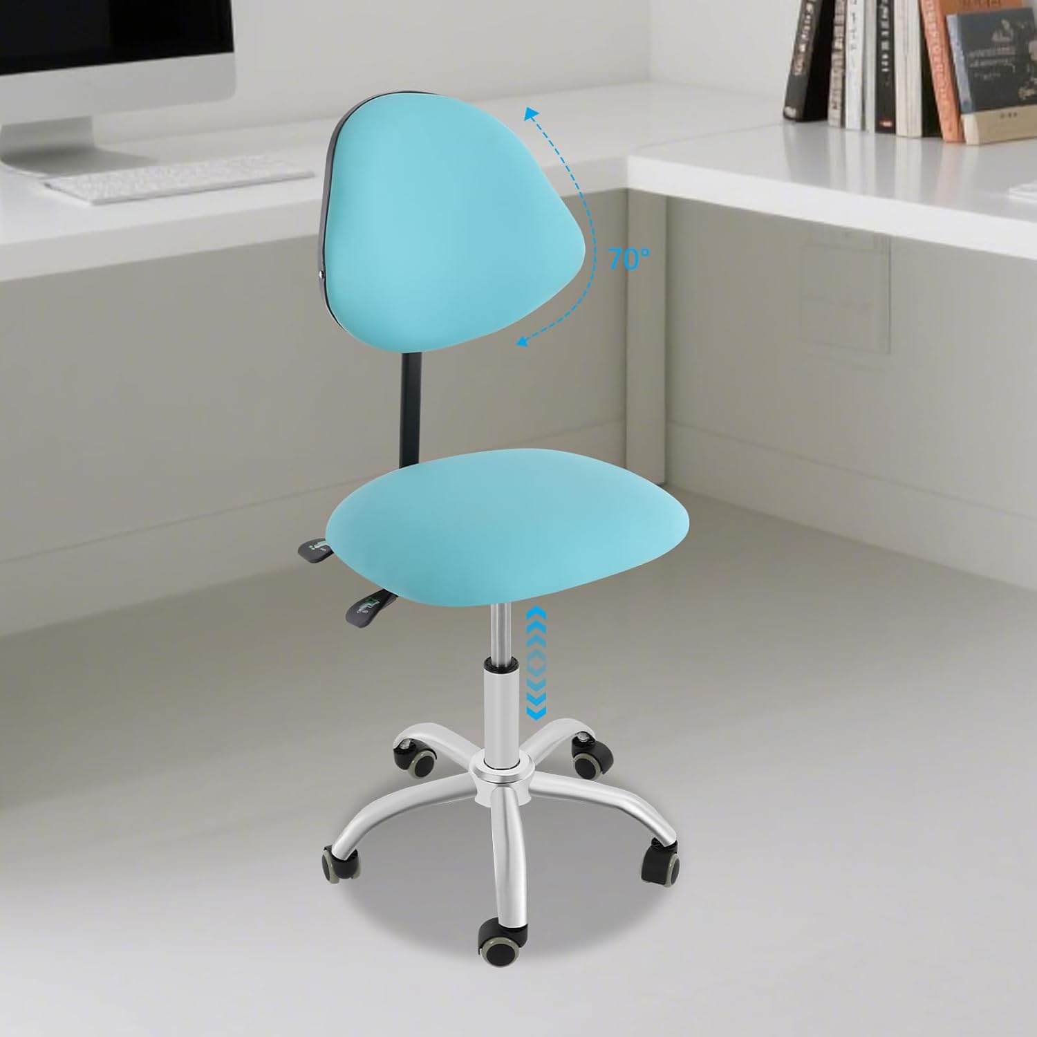 Saddle Stool Chair with Adjustable Backrest, Ergonomic Rolling Esthetician Seat PU Leather 360° Swivel Stool Chair with Wheels for Beauty Salon, Tattoo Shop, Spa, Barbershop, Clinic (Blue)