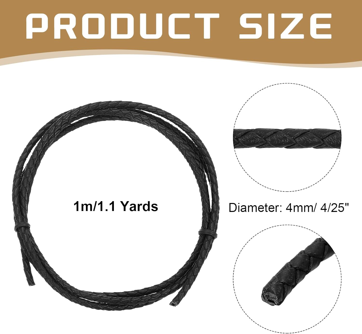 MECCANIXITY 1.1 Yards Bolo Tie Cord 4mm Diameter Round Braided Leather Strip 1 Meter Long for Bracelet Necklace Beading, Black