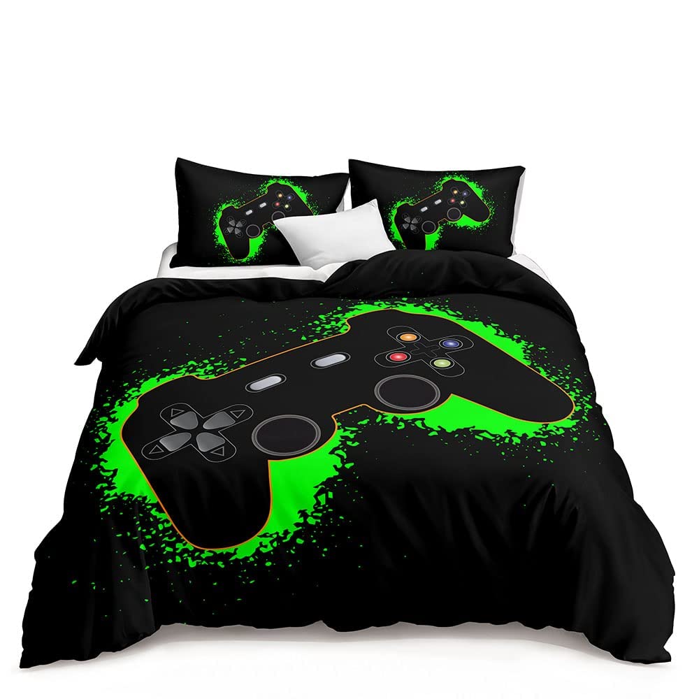 Lunoroey Gaming Bedding Set for Boys Girls Game Duvet Cover Single Size for Teens Kids Men Gaming Comforter Cover Gamepad Home Decor Player 1 Duvet Cover and 1 Pillow Shams (Black Green) — image 1