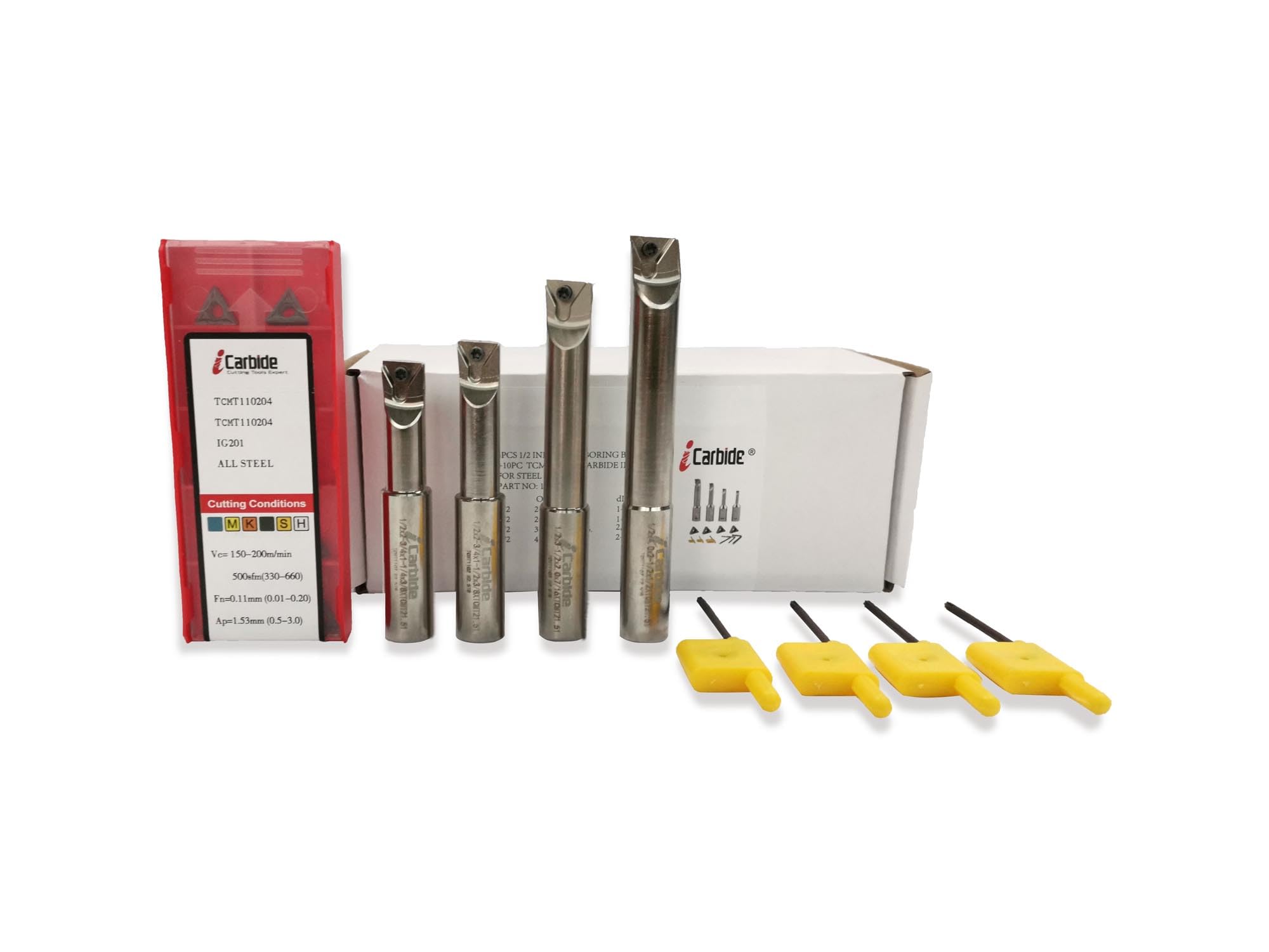 iCarbide 4pcs 1/2 Shank Indexable Boring Bar Set with 10 pcs TCMT110204 Carbide Inserts