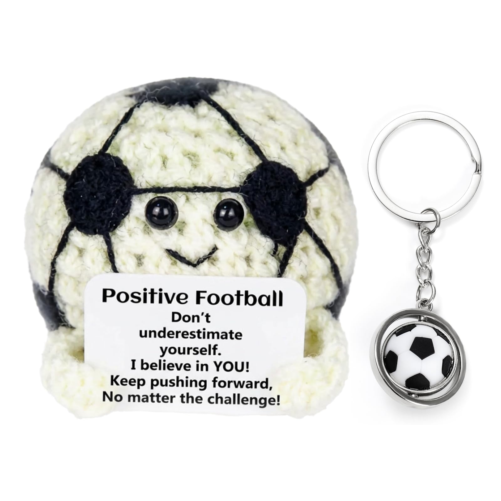 zhongko Positive Soccer Doll with Keyring, Inspiring Football Doll, Crocheted Emotional Support Dolls for Men amd Women, Unique Football Toy for Sports Lover Friends