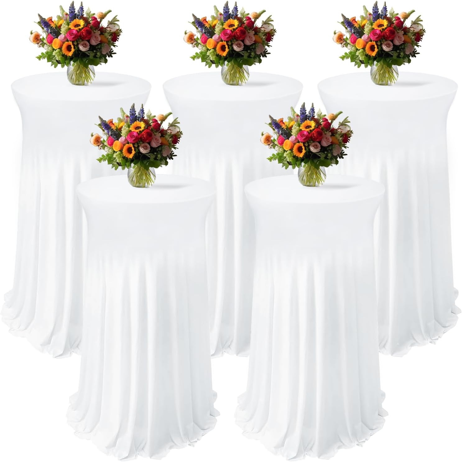 5 Pack White Cocktail Table Covers - 32 x 43 Inch Stretch Spandex Cocktail Tablecloths with Skirt Round Stretch High Top Table Cloths for Party, Bar, Pub, Wedding, Banquet, Birthday