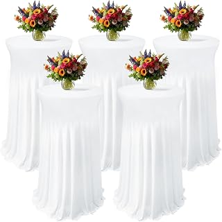 5 Pack Spandex Cocktail Tablecloths with Skirt, 32 x 43 Inch White Round Cocktail Table Covers Stretch Table Cloths for High Top Tables, Bars, Weddings, Parties, Banquets
