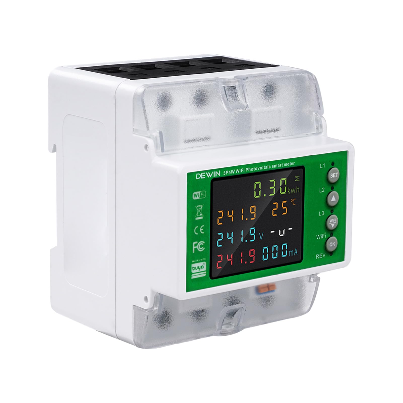 DEWIN Contatore Energia Elettrica Trifase WiFi, 100A 380VAC Misuratore di Consumo Elettrico WiFi Contatore Elettrico Trifase con Controllo del Tempo/Protezione Sovratensione ECC.