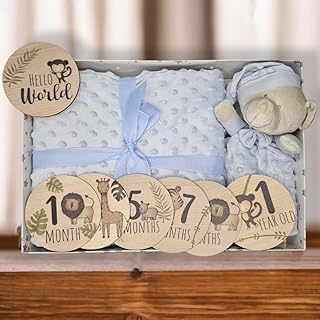 Manta de Bebé Hipoalergénica con Doudou y Tarjetas Cumplemeses – Set de Regalo Completo para Baby Shower con Peluche de Apego y Accesorios para Fotos Primeros Meses (Azul + Animales)