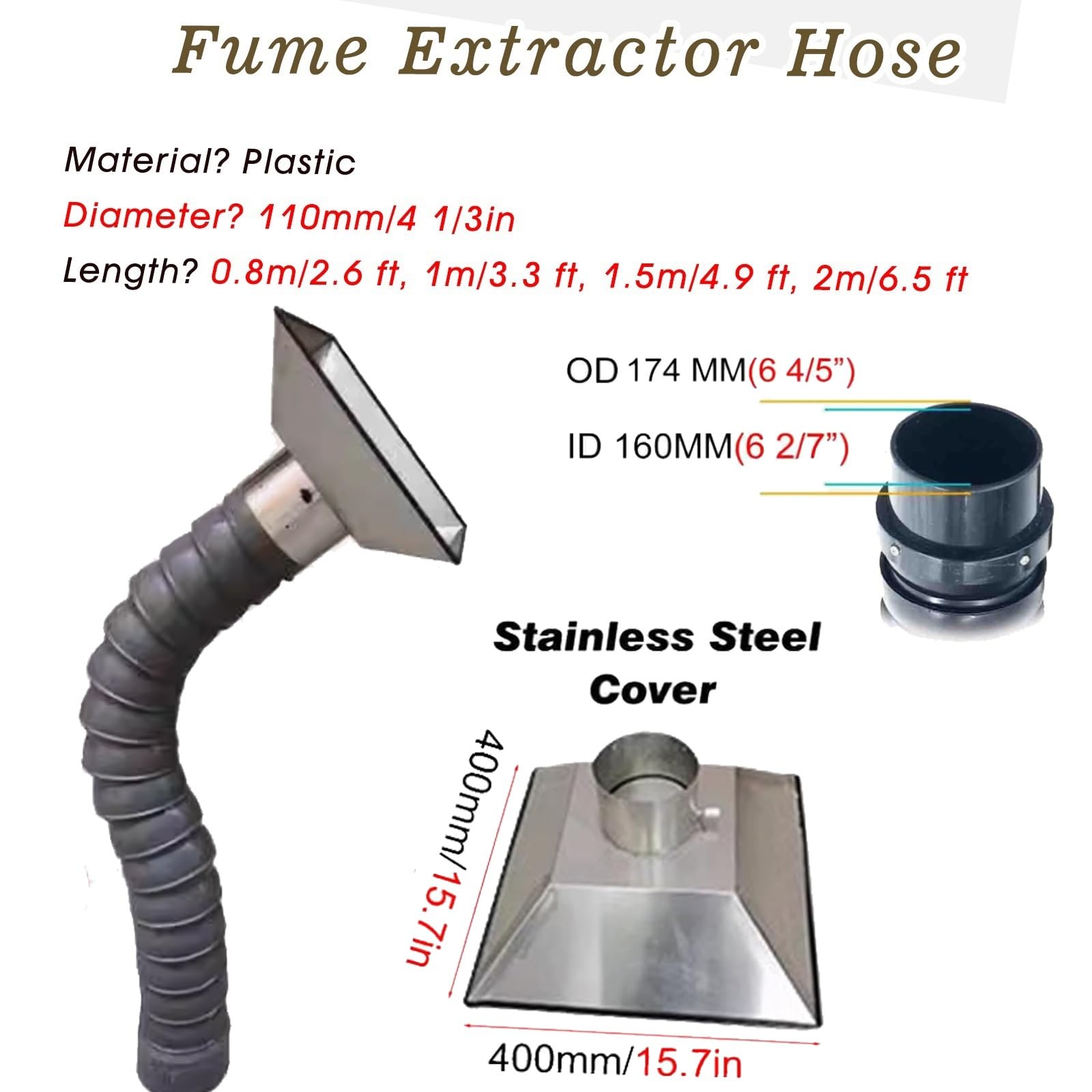 Manguera flexible de extracción de humos, tubo de humo de soldadura con capucha de acero inoxidable, 1,5 m, 200 mm de diámetro interior para soldadura de laboratorio