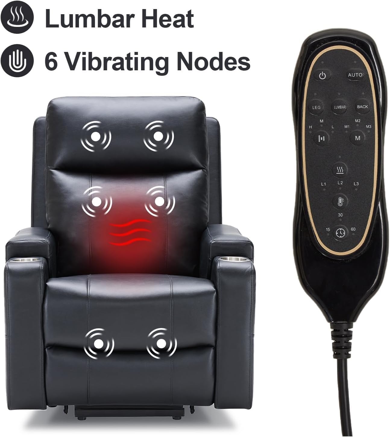 Power Lift Recliner Chair for Elderly with Triple Motor Adjustable Lumbar Support and Lay Flat Reclining Breathable Black Leather Lift Chair with Heat Massage USB Ports Cup Holders for Living Room