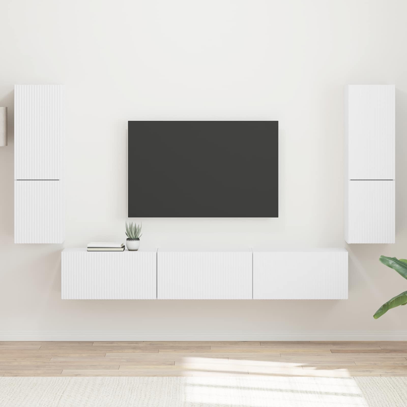 4-częściowy zestaw szafek na telewizor, konsola medialna z materiału drewnopochodnego w kolorze białym, oszczędzający miejsce system regałów do salonu