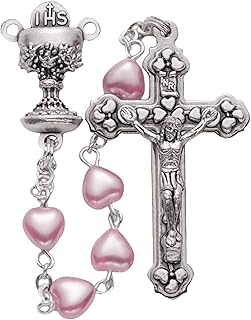 True Faith Jewelry Rosary Chain, Rosaries With Imitation Pearl Heart Prayer Beads, Crucifix And Chalice Center, Religious Chains Perfect For First Communion Gifts And Baptism, Pink, 19 Inch