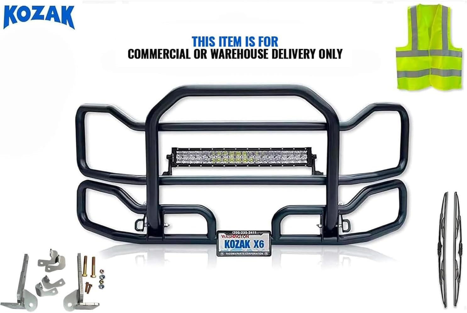 Front Grille Deer Moose Brush Bumper Guard Large Black Compatible with Kenworth T680 2012-2021 PLUS Bracket, Logo, 22" LED Light Bar, Wipers, License Plate Holder and Frame, Vest
