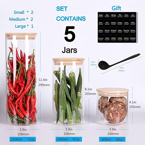 Miniatura 2 de SAIOOL Glass Storage Containers with Lids 5 pack Thicken Glass jars Clear High Borosilicate Glass Food Canister with Bamboo Lid Airtight For Serving