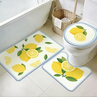 3Pcs Lemon Bathroom Rugs Set Washable Bathroom Carpets with Toilet Mats Sliced Fruit Soft Non Slip Bath Mat for Laundry Hotels Kitchen Tub Home Decor Yellow