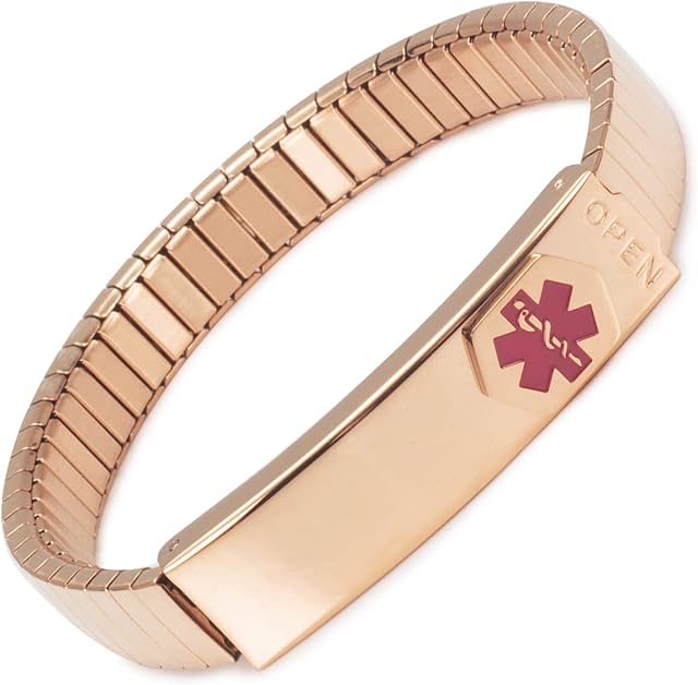 Elastic Stainless Steel Medical alert Bracelet Bangles Personalized for Men Women Health Gift (Put Details in Lift up Section, Customized Medical Card+Strips Free) (17.5 Centimetres, Rose Gold Women)