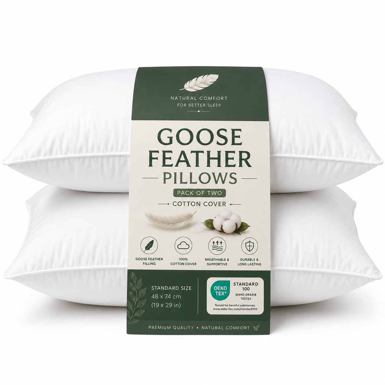 vingardium leviosa VL 1200gsm Goose Feather Pillows 2 Pack Soft Anti-Allergic Dust Mite Hotel Quality Luxury Cotton Soft Fluffy Goose Down Pillows Pair for Back and Side Sleepers 48 X 74cm (Set Of 2)