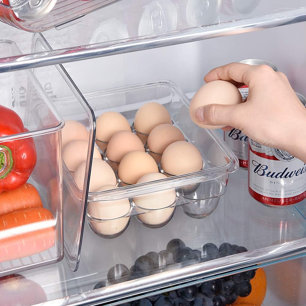 Stackable Egg Holder Organizers for Refrigerator, Freezer, Kitchen Plastic 12 Eggs Storage Trays with Lids, Pantry, Fridge, Countertop, Kitchen, Clear Container, BPA-Free