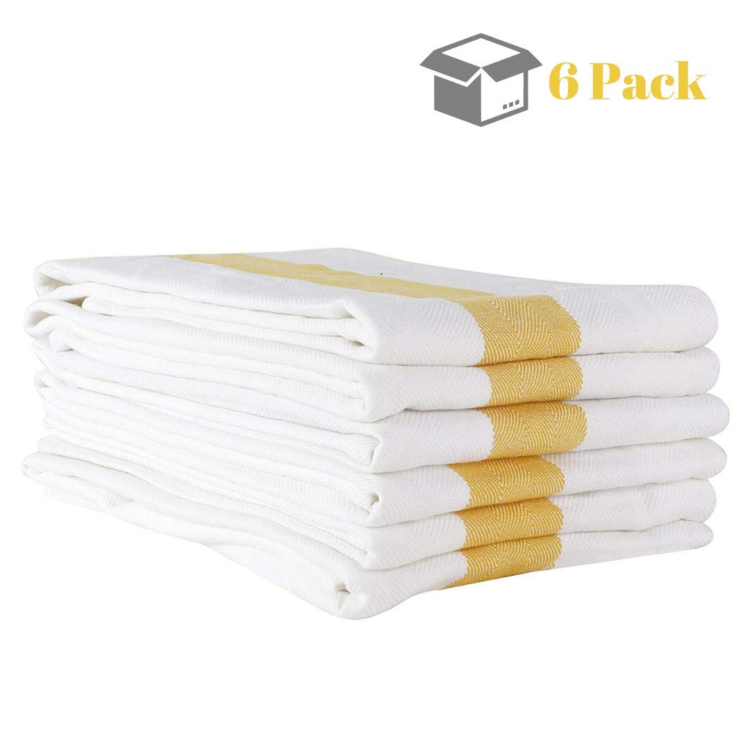 Kitchen Towels | 100% Cotton Dish Towels Premium Quality | 20"x28" Herringbone Yellow Stripe 6-Pack | Hand Towels, Tea Towels, Dish Cloth| Highly Absorbent Bar Towels