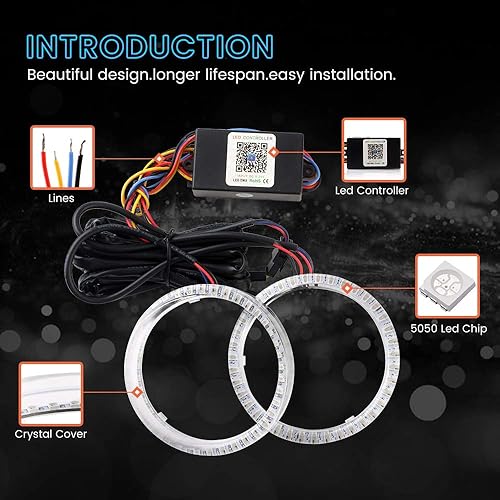 Miniatura 3 de EverBrightt - 1 juego de anillos de halo LED RGB multicolor de 3.740 in para lámpara de coche, luz de circulación diurna, 5050 chips anillo circular