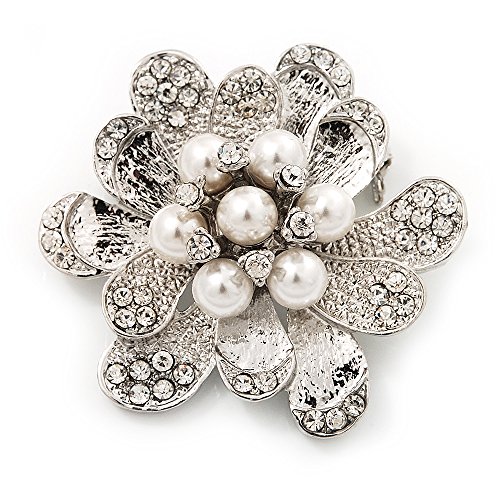 Preisvergleich Produktbild Bridal Strass, transparent, Weiß, Glockenblumen-Brosche, versilbert - 4,5 cm Durchmesser