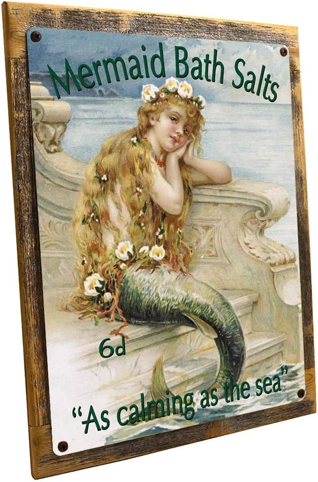 Mermaid Bath Salts Metal Sign Framed on Rustic Wood, bath decor, home decor