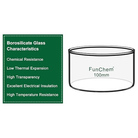 FunChem Borosilicate Glass Crystallizing Dish Without Spout for Evaporation Crystallization, O.D. 100mm, 300ml Lab Crystallizer with Flat Base