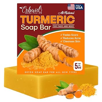 Erbaid Natural Turmeric Soap Bar for Face & Body Turmeric Skin Brightening Soap for Dark Spots, Intimate Areas, Underarms Turmeric Face Wash for Acne 5oz Turmeric Bar Made in USA