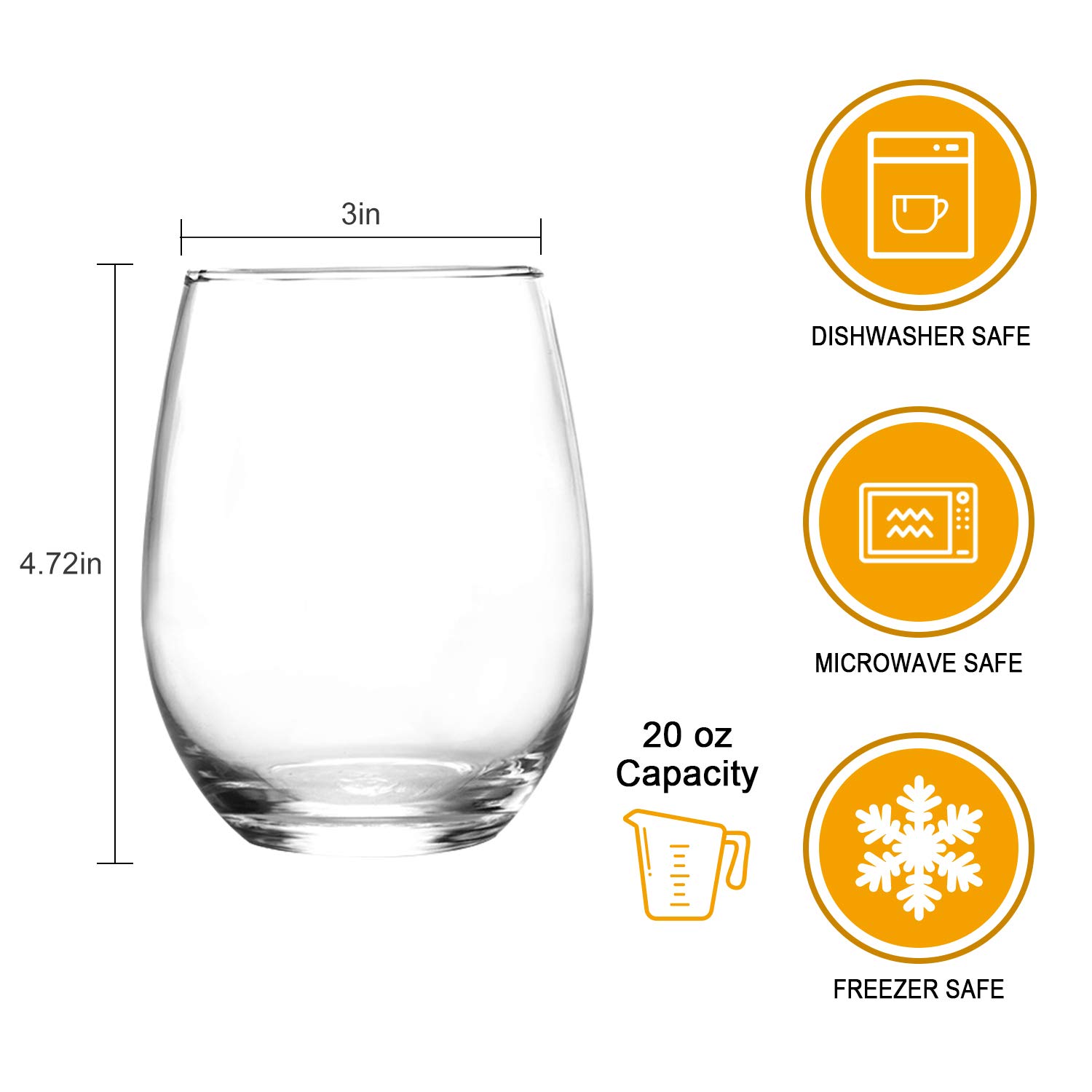 Clear 20oz Stemless Wine Glass,Large Cup For Enhanced Aeration with Durable Chip Resistant Rim For White Wine,Beverage Cups For Red Wine,Sleek Modern Drinking Tumbler Drinking Glass 8pack