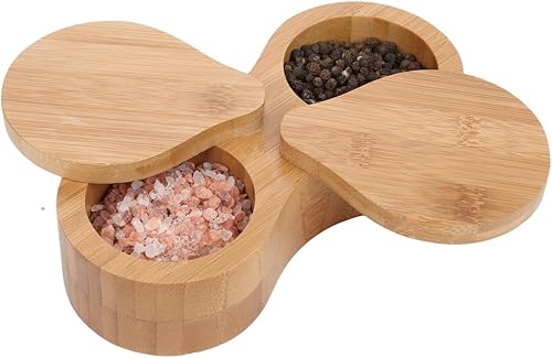 Lily's Home Contenedor de bambú redondo doble, tarro de almacenamiento de especias, caja de madera de sal y pimienta