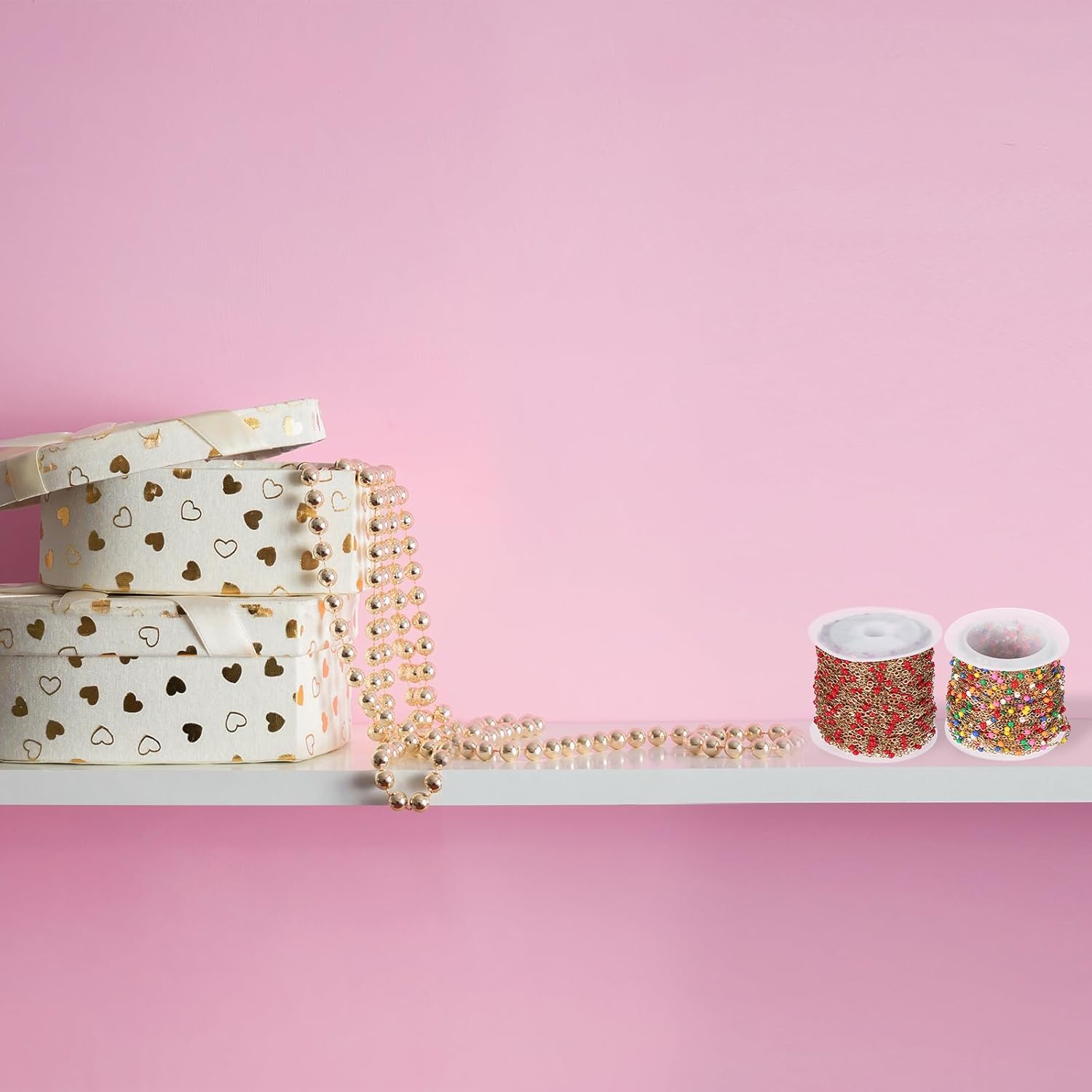 PATIKIL Stainless Steel Jewelry Chain, 33Ft 1.5mm Pink Beaded Link Cable Chains for Necklace Earring Bracelet Findings Jewelry Making Trucker Hat Chains, Gold/Pink