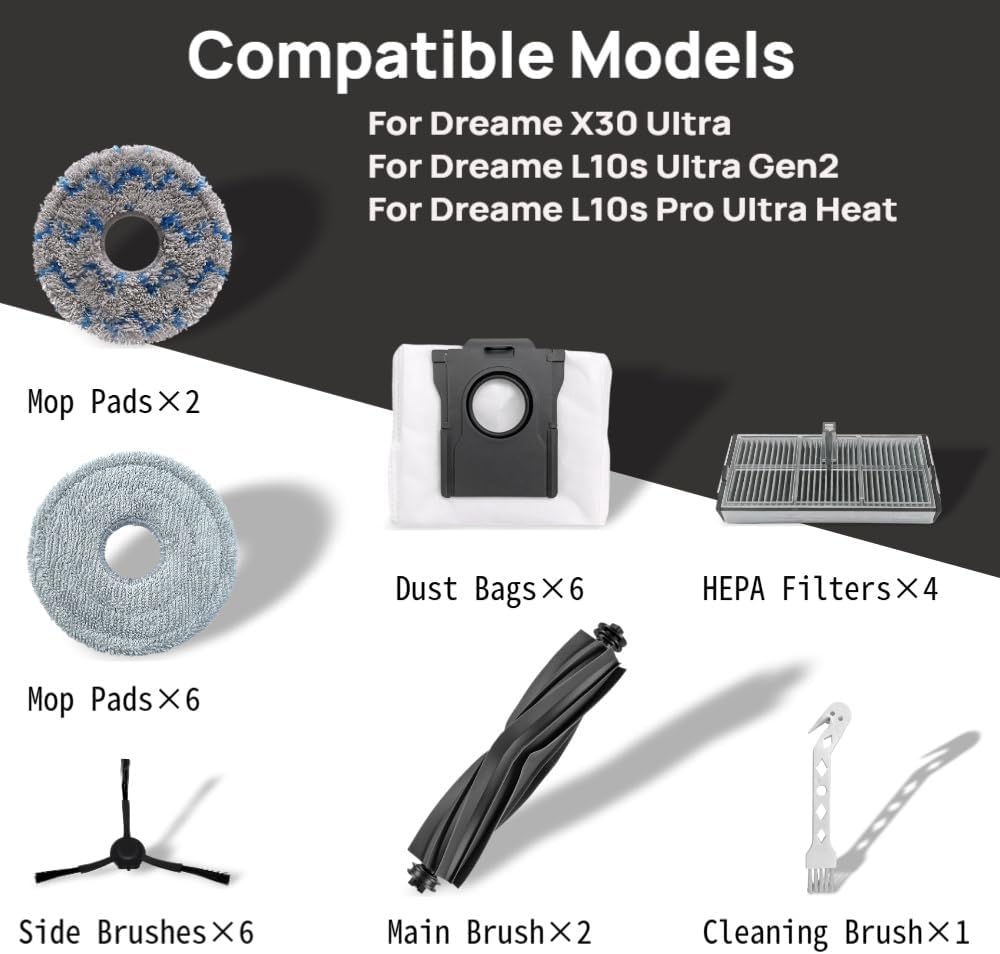 27Pcs Replacement Parts for Dreame L10s Ultra Gen2/L10s Pro Ultra Heat/X30 Ultra/Mova E30 Ultra Vacuum Cleaner Accessories Kit,2 Main Brush,4 HEPA Filters,8 Mop Pads,6 Dust Bags,6 Side Brushes