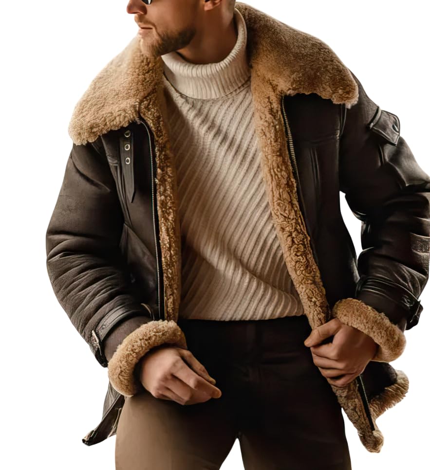 Men’s Brown B3 Flying Aviator Shearling Fur Sheepskin Leather Jacket – Vintage Leather B3 Bomber Jacket Winter4