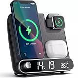 3 in 1 Wireless Charging Station with Digital Clock & Temperature Display, Fast Wireless Charger Stand Compatible with iPhone, iWatch, AirPods, Multi-Functional Qi Charging Dock for Bedroom Nightstand