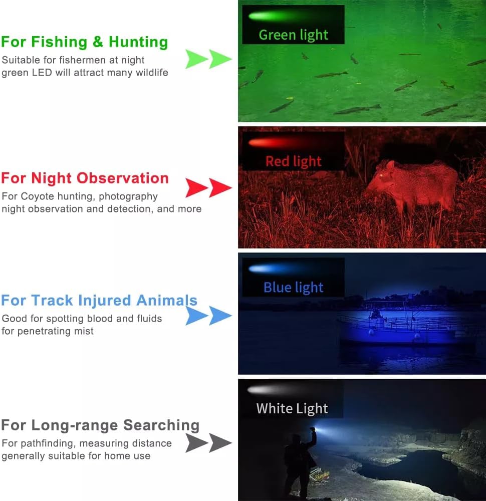 WINDFIRE Multicolor Flashlights Rechargeable, 4 Color in 1 LED Tactical Flashlight with White Blue Green Red Light, Built-in Battery, Zoomable, for Camping Hiking Fishing Hunting Astronomy