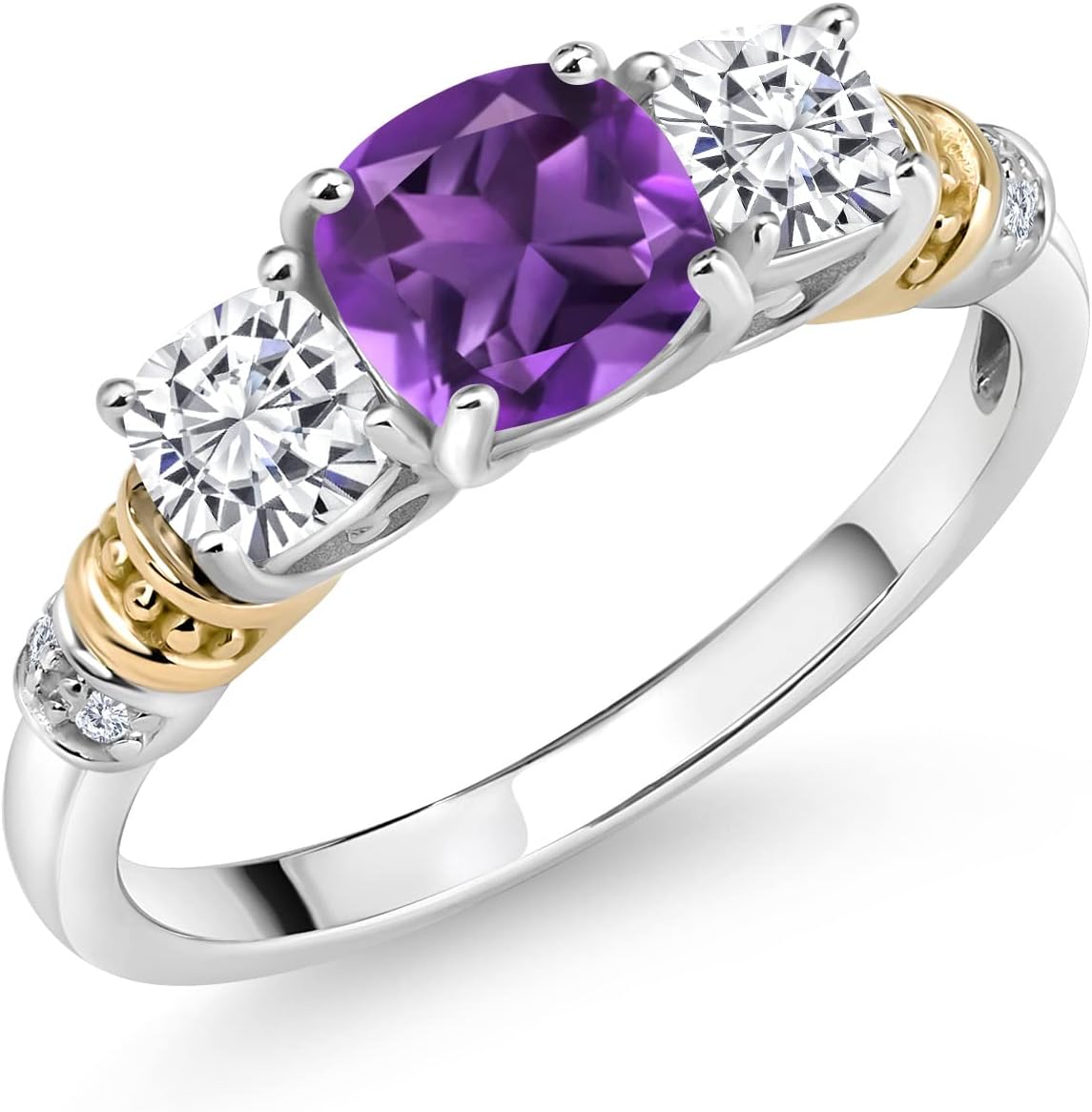 Gem Stone King 3-Stone Ring For Women | 6MM & 4MM Cushion Cut Gemstone Birthstone Moissanite and Diamond Accent | 925 Silver & 10K Yellow Gold | Size 5-9