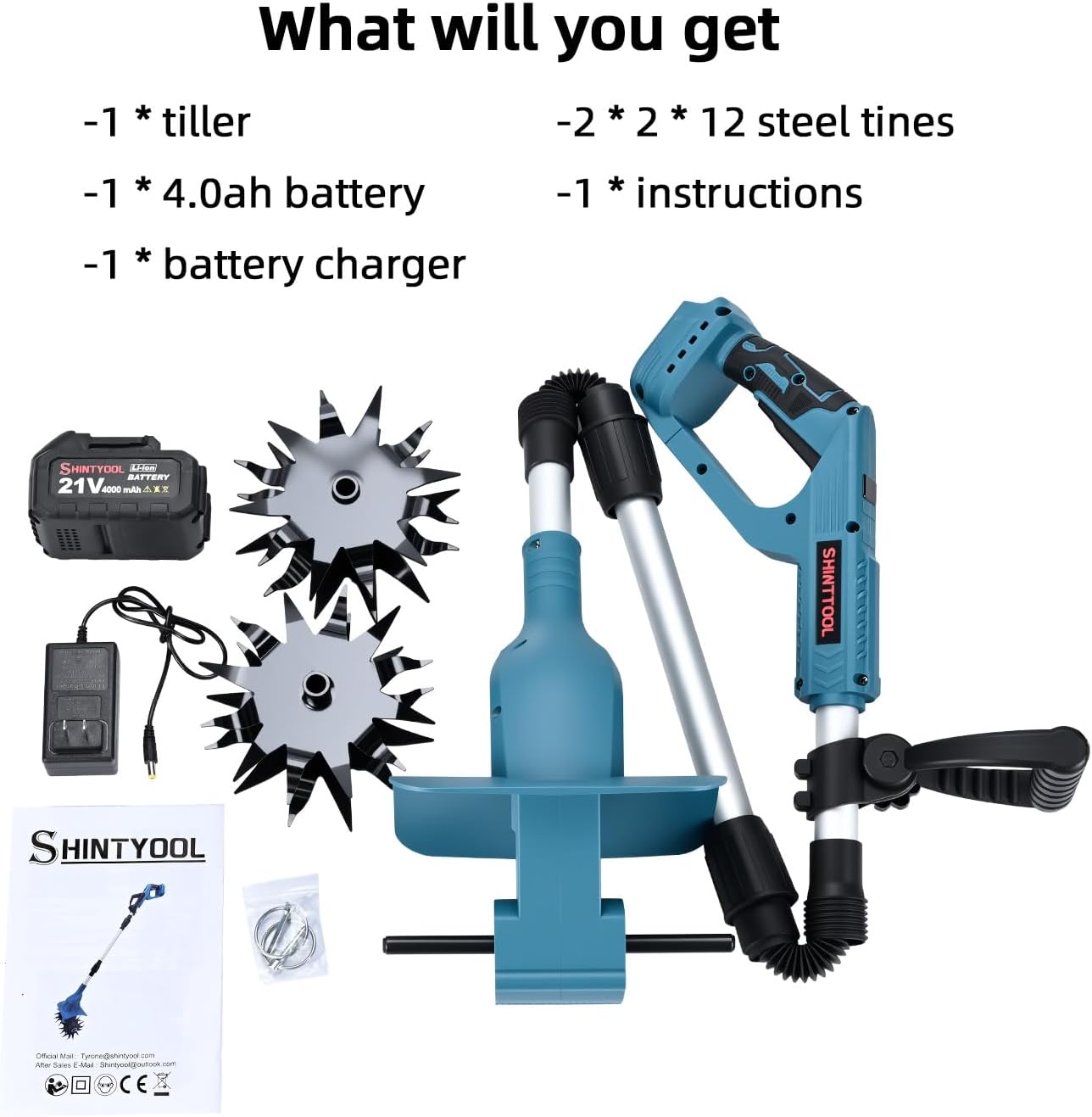 21v Cordless Tiller, 8-Inch Wide 4.0 Ah Battery Powered Garden Cultivator, Cultivator with Steel Tines and Battery Capacity Display, Rototiller for Lawn/Gardening/Soil Cultivation (Blue) by Shintyool