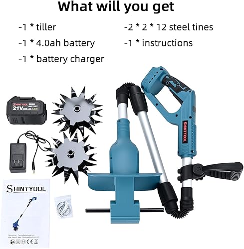 Miniatura 2 de Cultivador de suelo sin cable de 21 V, cultivador de jardín de 8 pulgadas de ancho con batería de 4.0 Ah, cultivador con dientes de acero y pantalla