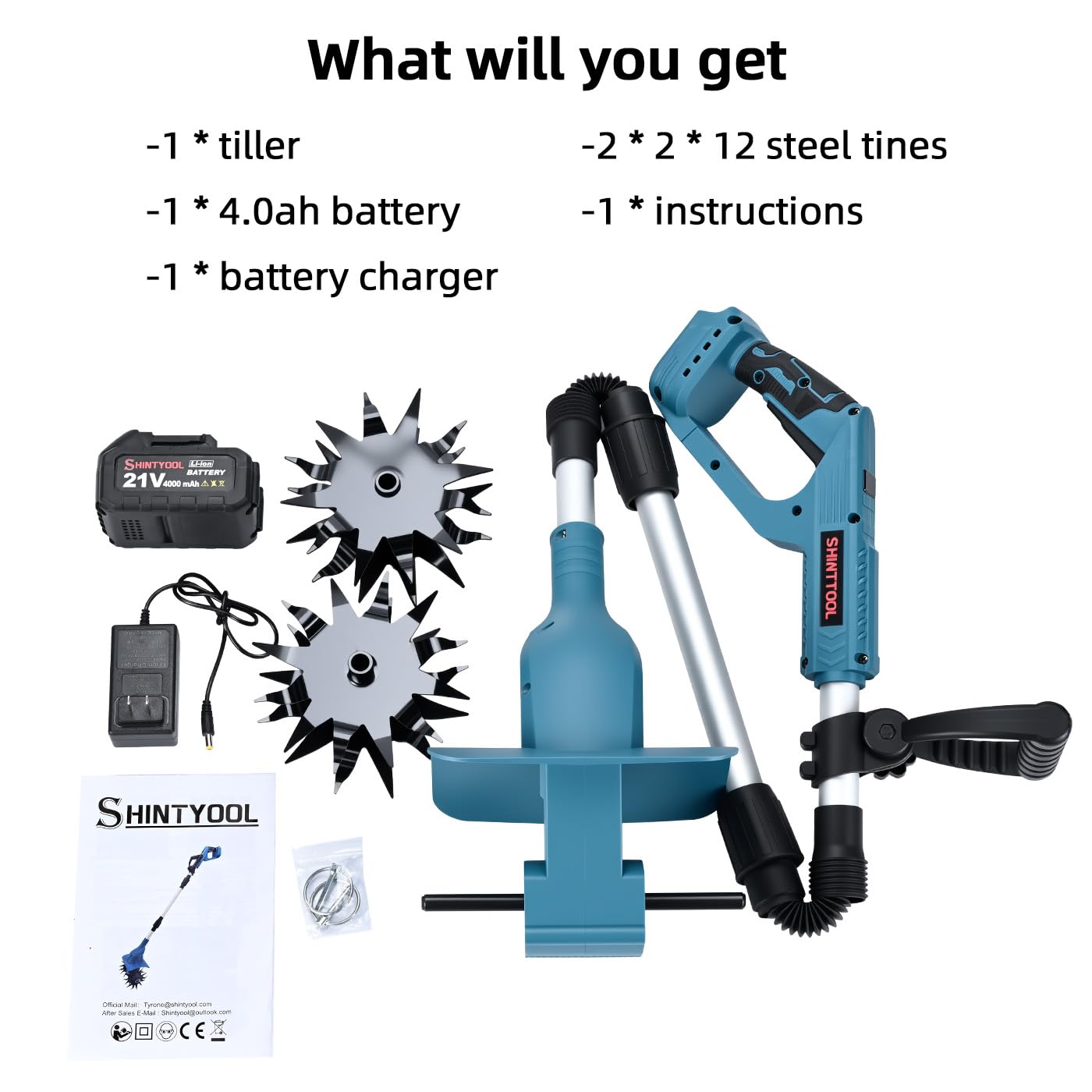 Cultivador inalámbrico de 21 V, 8 pulgadas de ancho y 4.0 Ah, cultivador de jardín con púas de acero y pantalla de capacidad de batería, roottiller para césped, jardinería, cultivo de suelo (azul