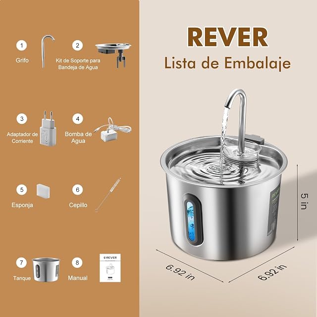 Foto 7 de 8 de Rever Fuente para Gatos Acero Inoxidable 2,2L con Filtro, Silenciosa