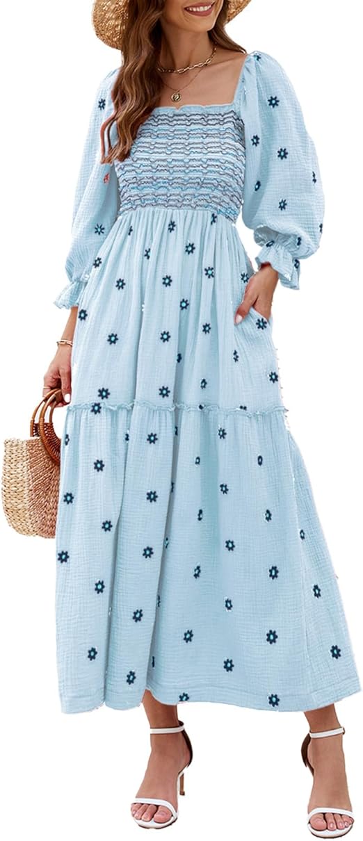 Floral Embroidered Puff Sleeve Smocked Square Neck Flowy Maxi Dress