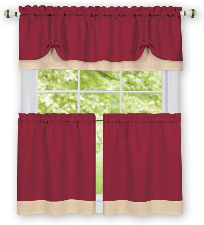 Collections Etc Darcy Two-Tone Rod Pocket Café Curtain Tiers - 2 Piece Set, Burgundy, 58" X 36"