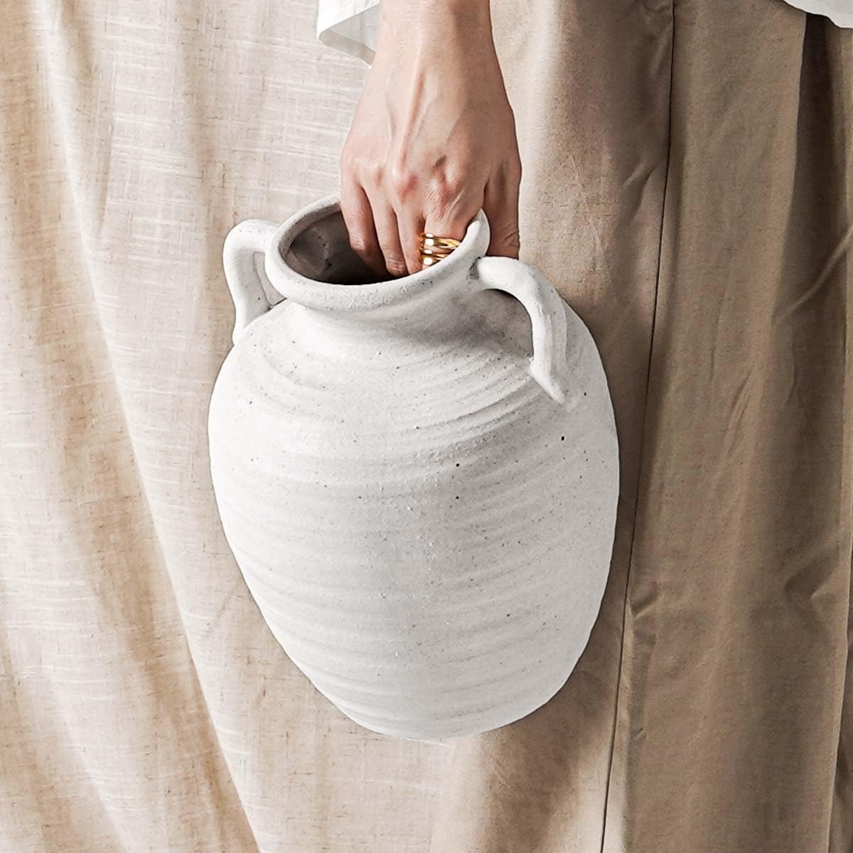 Large White Ceramic Vase - 9.5 Inch Rustic Farmhouse Vase with Handles for Home Decor, Vintage Tall Vases for Living Room, Table, Bathroom, Holiday & Weddings (Sandstone White)