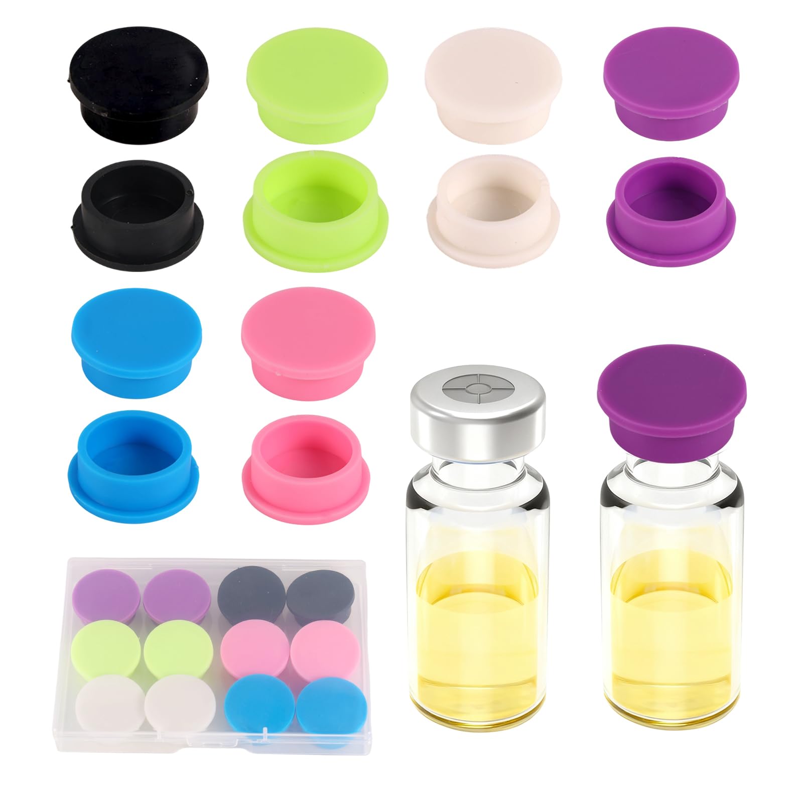 12pz Tappi Protettivi per Fiale da 5-100 ml, 6 Colori Tappi per Flaconi Medicinali a Prova di Perdite e Polvere Protettivi con Apertura a Scatto Uso Iniettabile e di Laboratorio