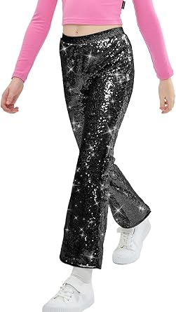 LOLANTA Girls Sequin Flare Pants Sparkle 80s 90s Bell Bottoms 6-13Y | Kids Glitter Disco Dance Pants, Girl Slim Fit Elastic Waist Flared Trousers, Full-lined Shiny Bootcut for Parties Performance