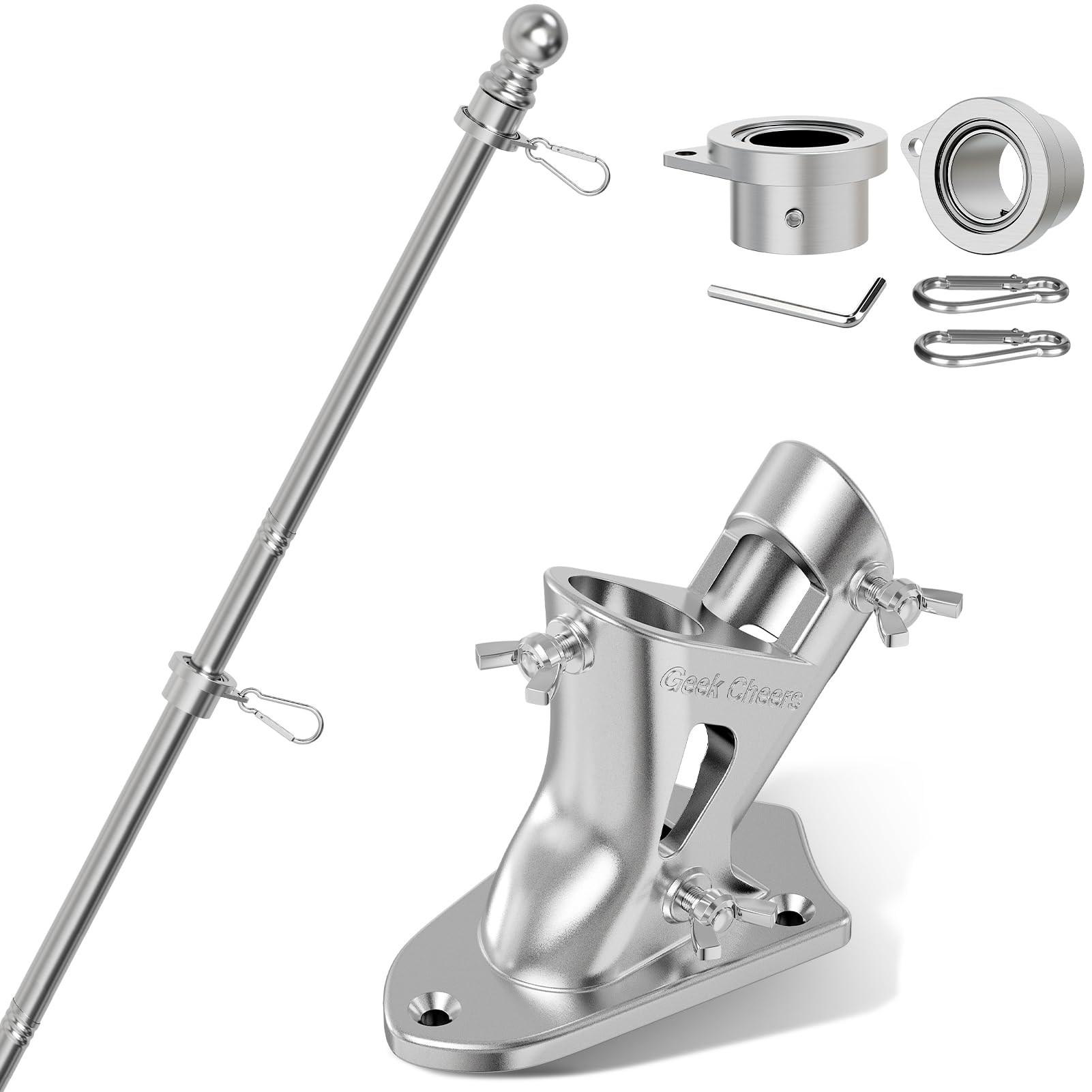 Robuster Flaggenmast aus Edelstahl mit Flaggenhalterung, 2 Positionen für 2,5 cm Fahnenmast zur Wandmontage, für Haus, rostfreie Fahnenmasthalterung, silberfarben mit Bohraufsatz, 1 inch