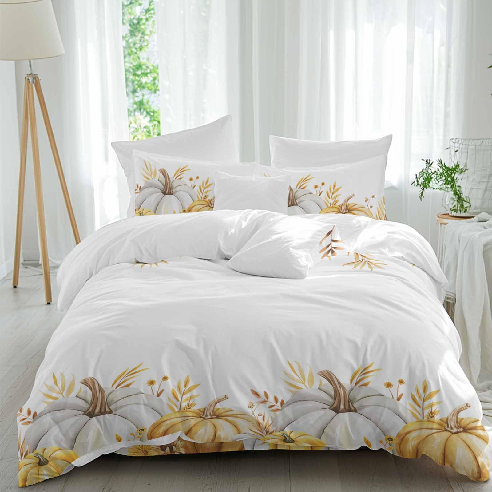 Gold Pumpkins Duvet Cover Set Twin Size Microfiber Soft Comforter Quilt Duvet Patterned Bed Duvet Cover with Flat