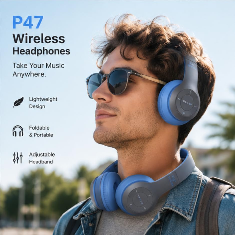 Image of P0047 Wireless Bluetooth Headphones with Deep Bass, Foldable Design, Built-in Microphone, Adjustable Headband, Noise Isolation, Stereo Sound for Mobile, Laptop & Tablet (Multicolour). (Blue)