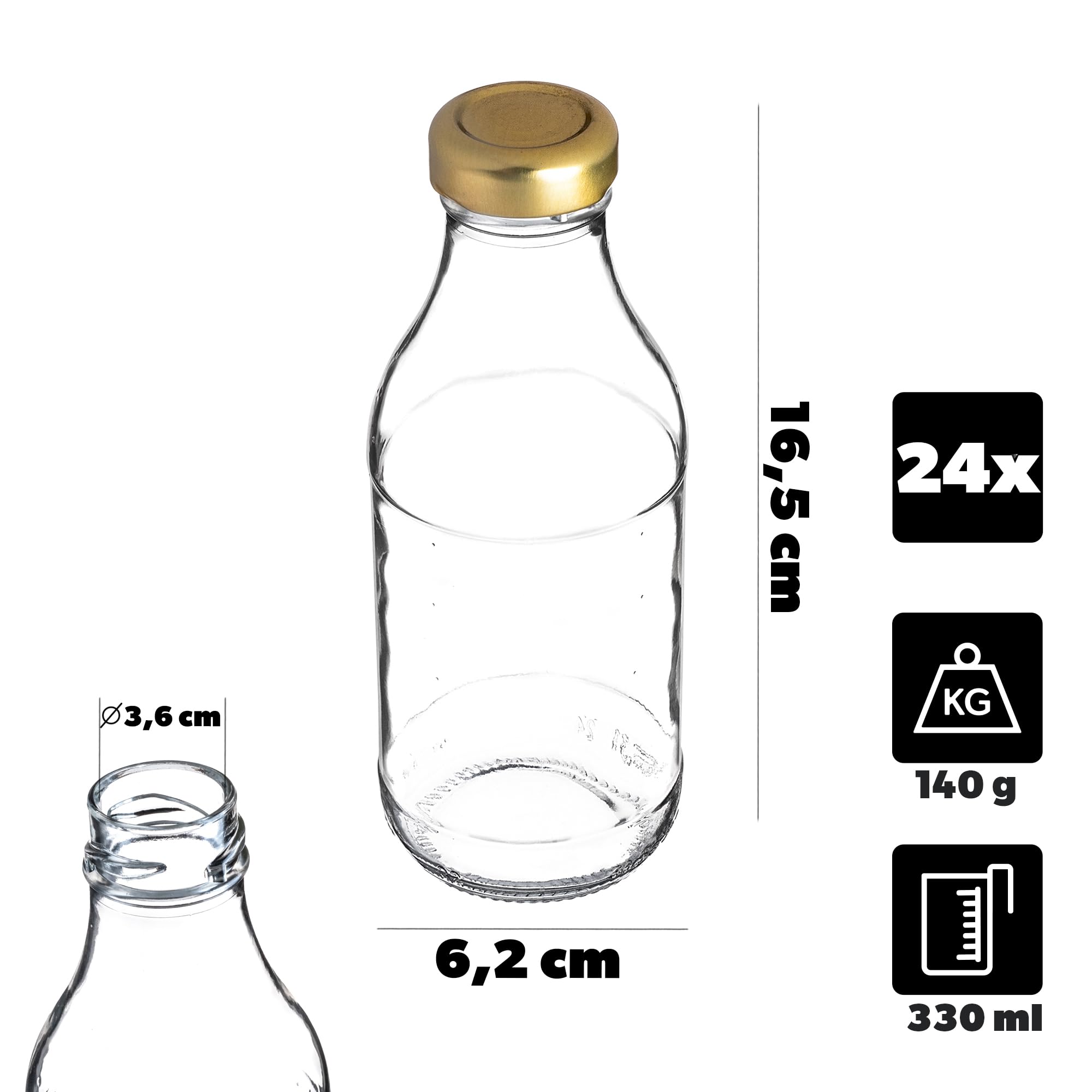 KADAX Botellas de cristal vacías de 0,33 l con tapón de rosca, juego de 8/16/24 unidades, botellas pequeñas para llenar leche, zumo y batidos (24 unidades)