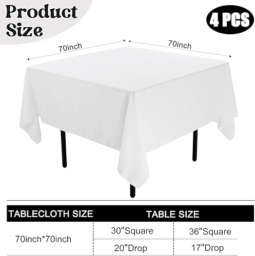 Miniatura 2 de Paquete de 4 manteles cuadrados de 70 x 70 pulgadas, color blanco, lavable a máquina, tela de poliéster, para comedor, fiestas de bufé, picnic,