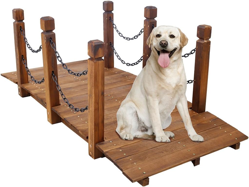 5FT Wooden Garden Bridge Arch, Decorative Arc Footbridge with Double Safety Railings Outdoor Lawn Pond Bridge Walkway for Backyard Creek, Stream, Fish Pond, Bronze