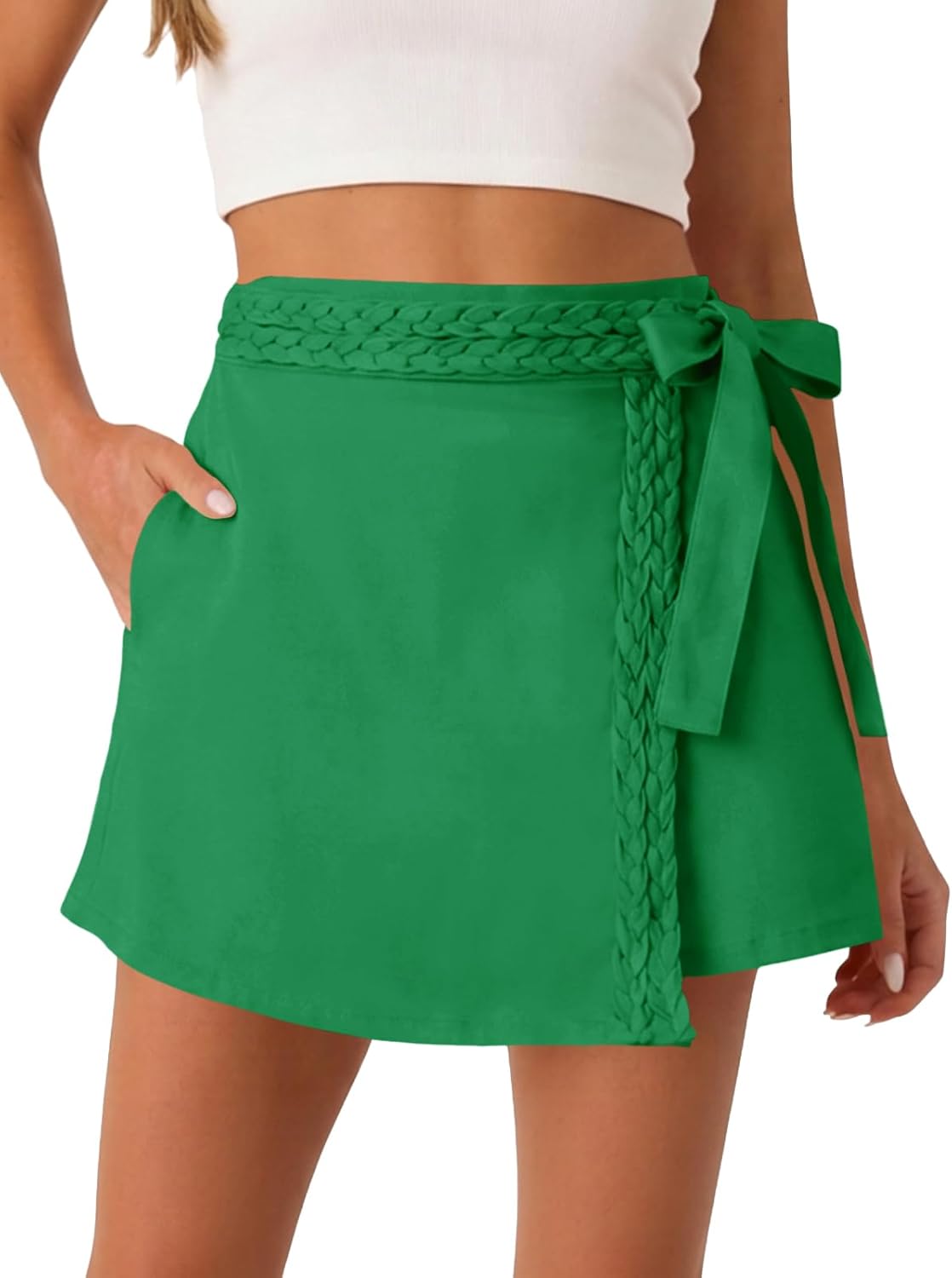 Tankaneo Womens Wrap Mini Skirt Skort Summer Casual Braided High Waisted Bow Tie Skirt Shorts with Pockets