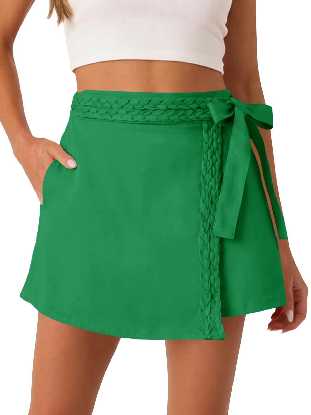 Womens Wrap Mini Skirt Skort Summer Casual Braided High Waisted Bow Tie Skirt Shorts with Pockets-image-32